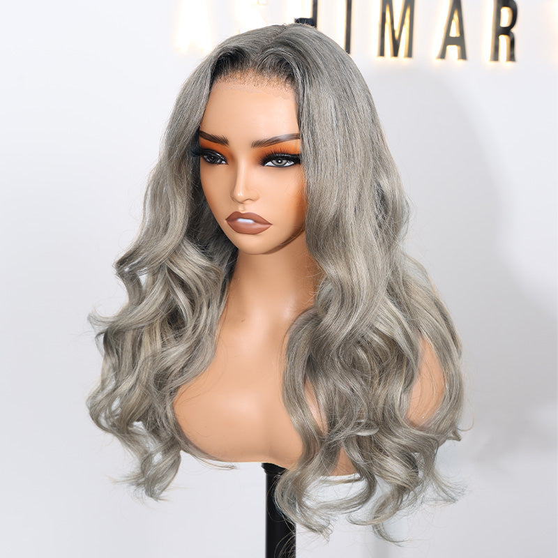 Grey and Blonde Balayage Glueless Pull Go Cap Beginner Friendly Bouncy Body Wave Lace Front Wig for Black Women