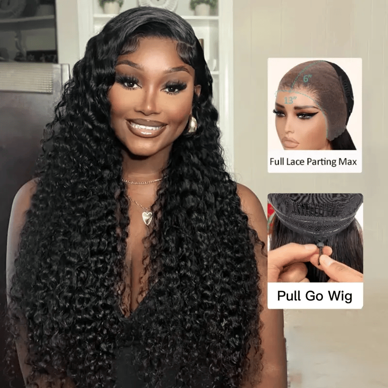 Pull Go 13x6 Full Wig Deep Wave Transparent Lace Frontal Wig Natural Black Color