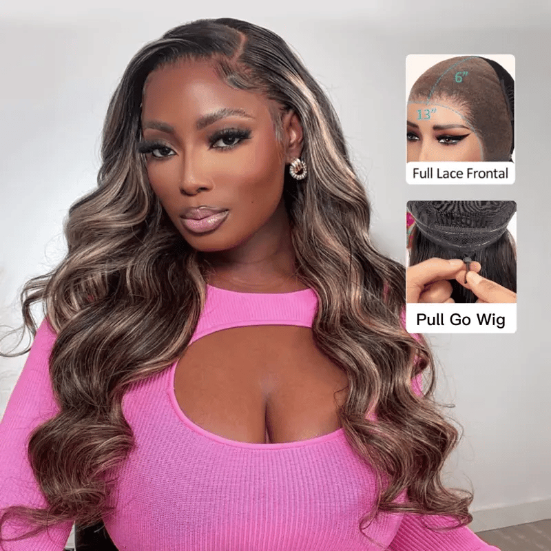 Ashimary Pull Go 13x6 Full Wig Honey Blonde Highlights on Black Hair Transparent Lace Frontal Pre Everything Glueless Human Hair Wig