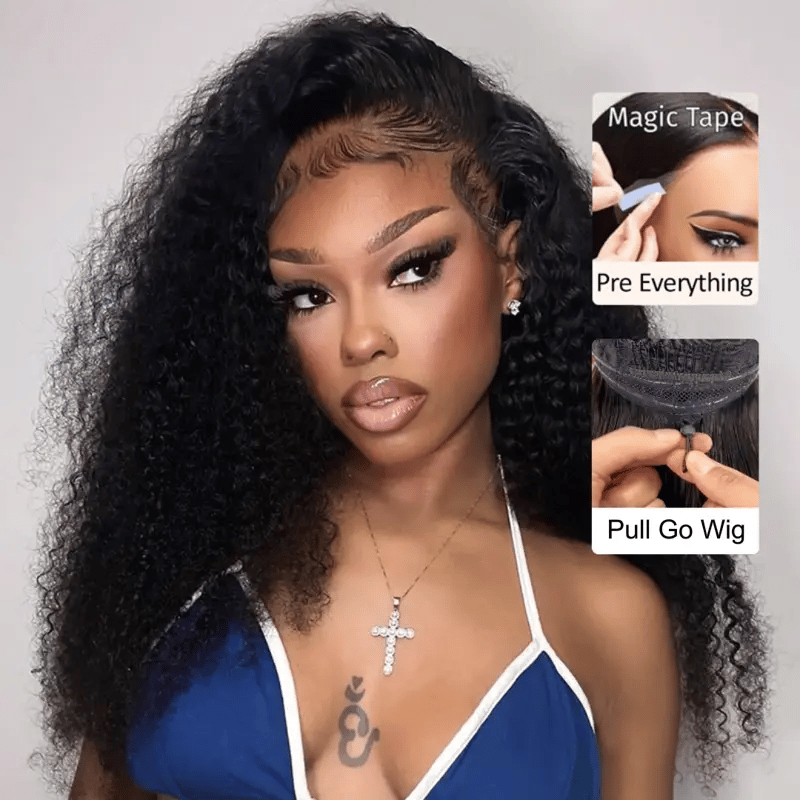 Pull Go 13x6 Full Glueless Lace Wig Transparent Lace Kinky Curly Wig Natural Black Color
