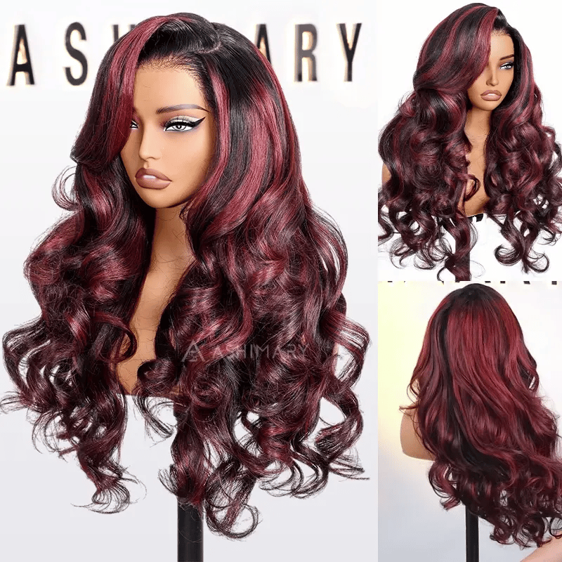 Cherry Red Highlight Layered Cut Body Wave Wig 13x6 Full Pre-Everything Wig Burgundy Highlight