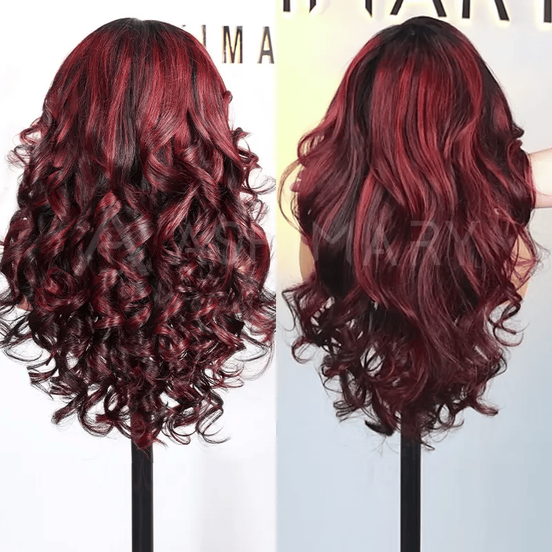 Cherry Red Highlight Layered Cut Body Wave Wig 13x6 Full Pre-Everything Wig Burgundy Highlight