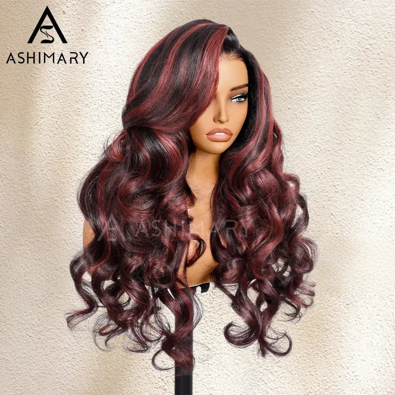 Cherry Red Highlight Layered Cut Body Wave Wig 13x6 Full Pre-Everything Wig Burgundy Highlight
