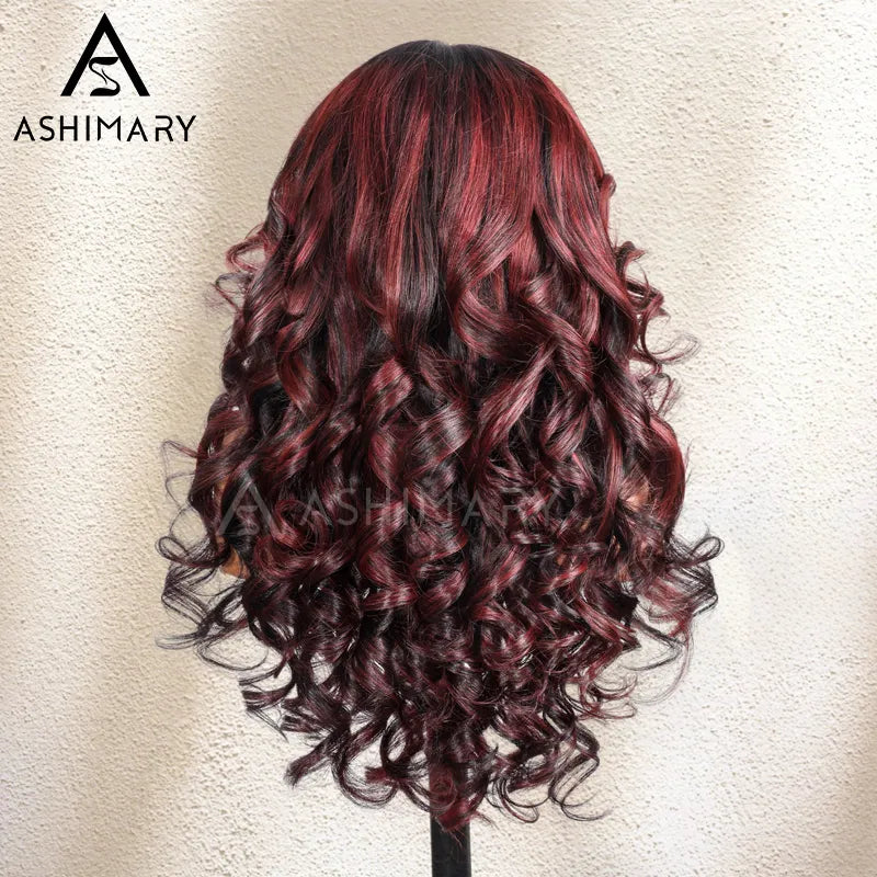 Cherry Red Highlight Layered Cut Body Wave Wig 13x6 Full Pre-Everything Wig Burgundy Highlight