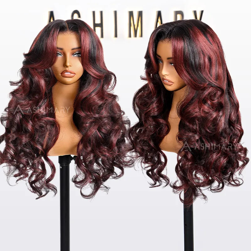 Cherry Red Highlight Layered Cut Body Wave Wig 13x6 Full Pre-Everything Wig Burgundy Highlight