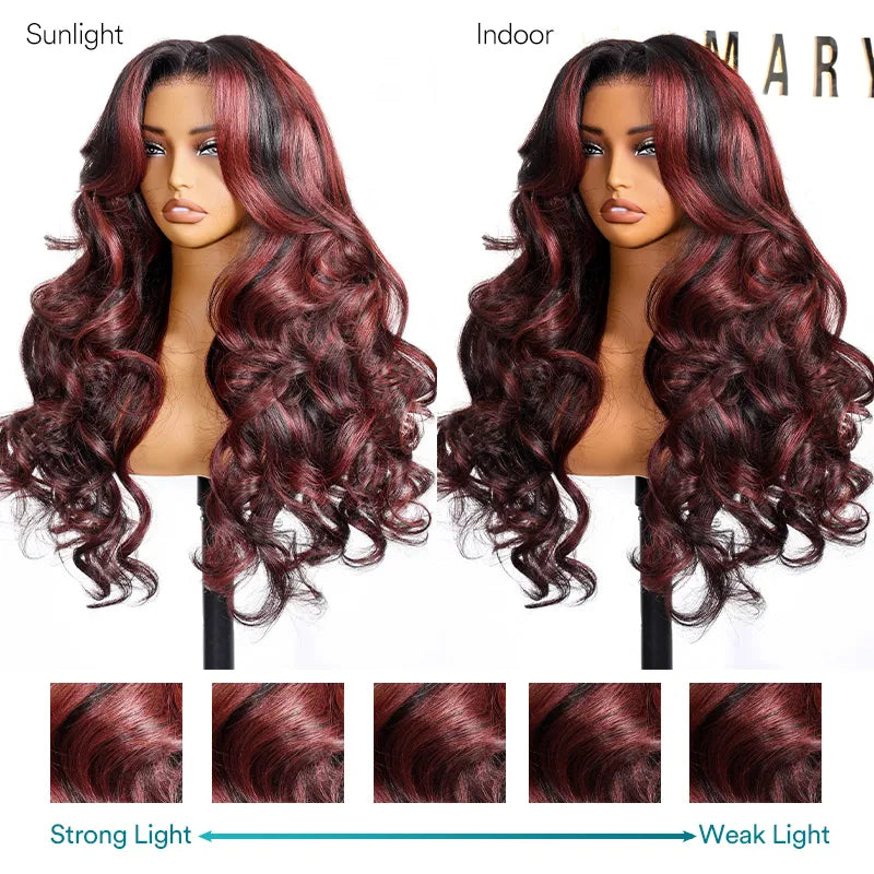 Cherry Red Highlight Layered Cut Body Wave Wig 13x6 Full Pre-Everything Wig Burgundy Highlight